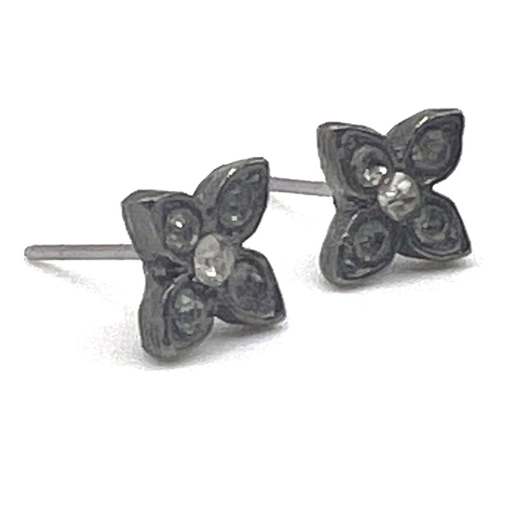 Black Floral Rhinestone Stud Earrings Silver Tone 1/4" Sparkle‎